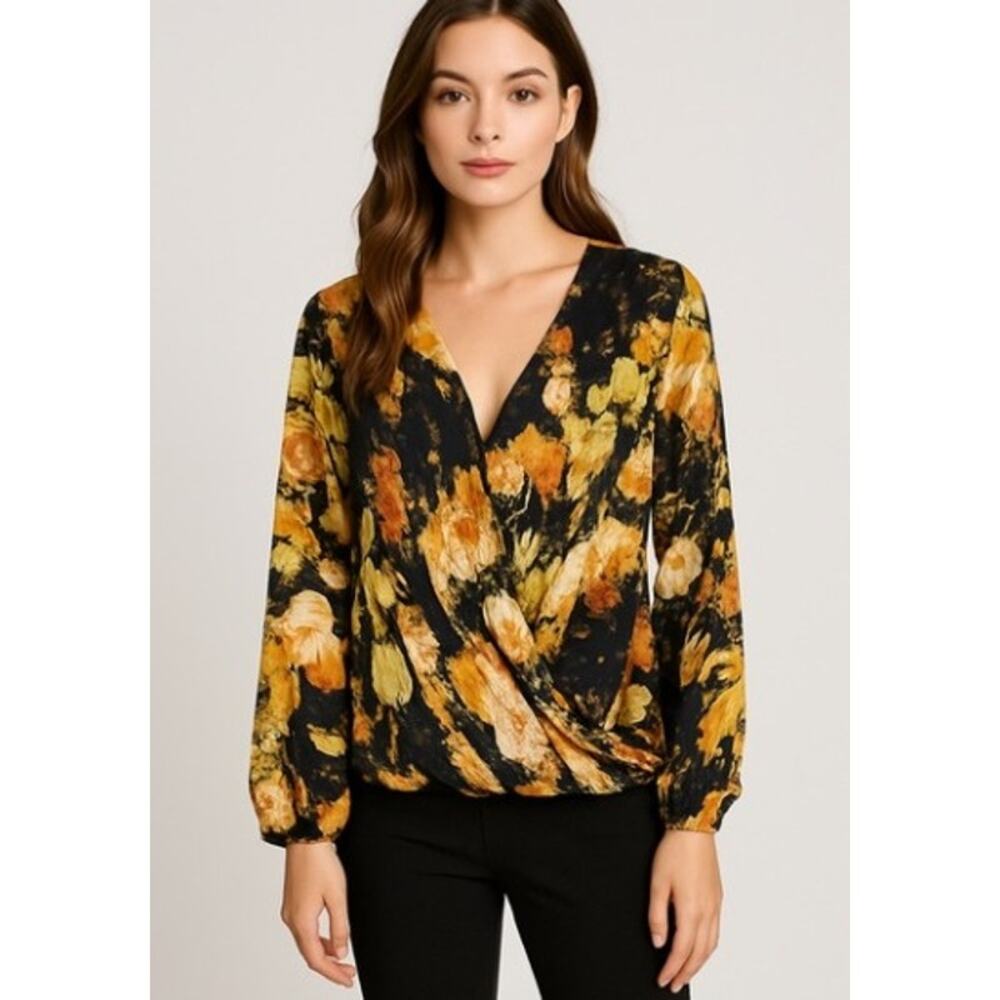 HAUTE HIPPIE black boho fall moody floral silk wrap front blouse size small
